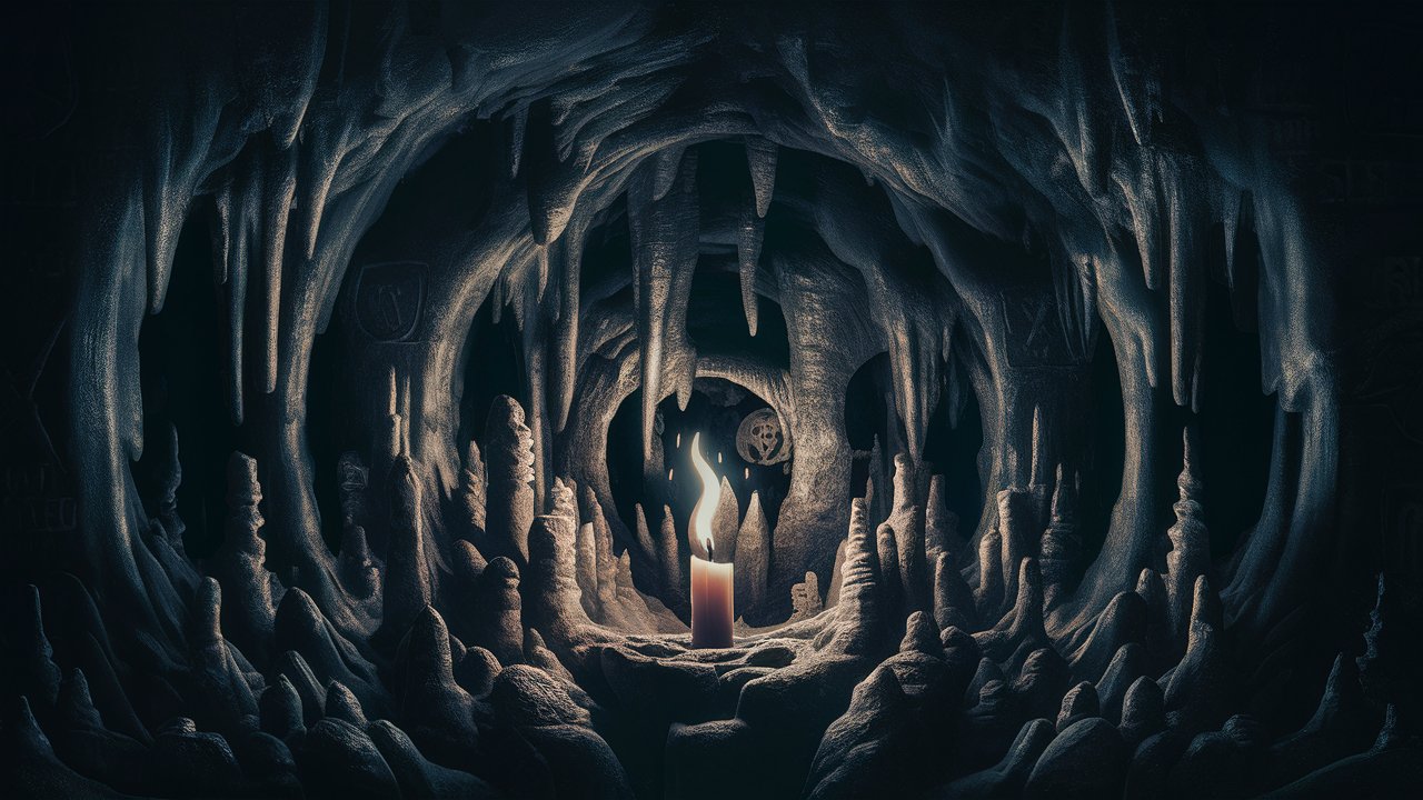 abstract image of a dark cave, with a spark of candlelight